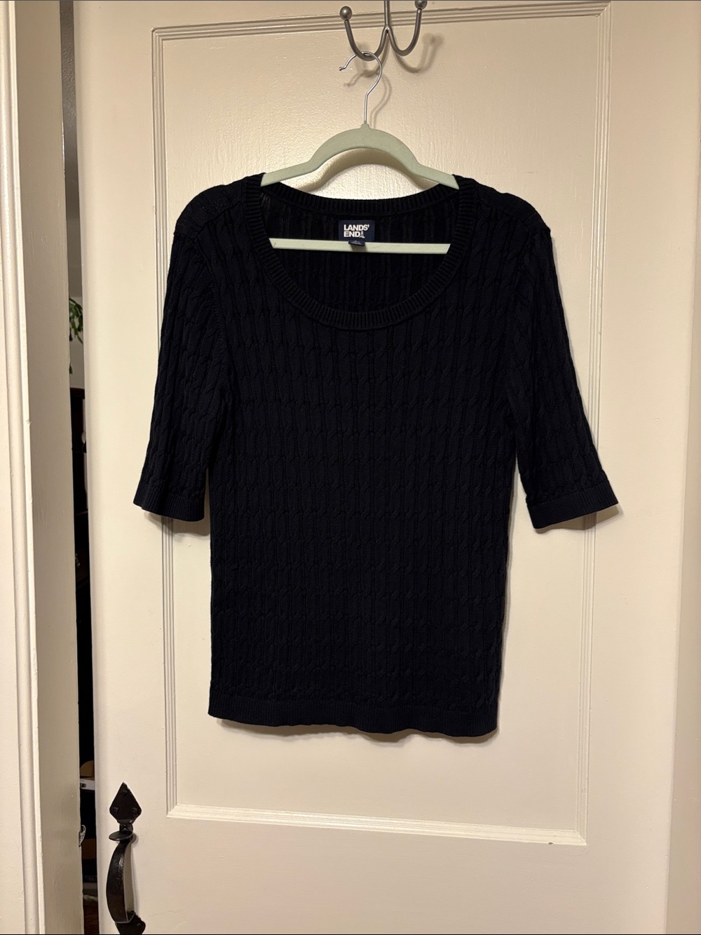 Lands' End Navy Cable Knit Scoop-Neck Short-Sleeve Sweater